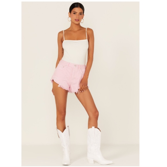 Free People Light Pink Distressed Button Fly Denim Shorts - Picture 7 of 13